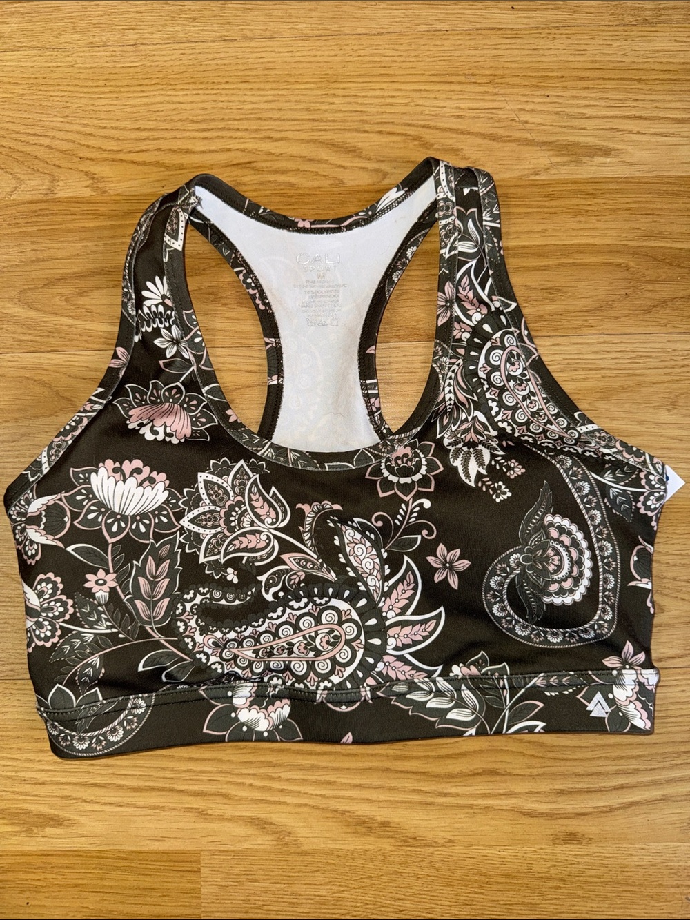 Cali Sport Size Medium K Racerback Floral Print Sports Bra Olive & Pink